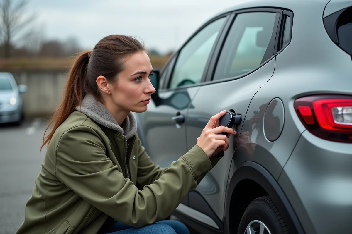 Femme essayant d'ouvrir sa Renault Clio 4 avec une télécommande de clé défaillante dans un parking