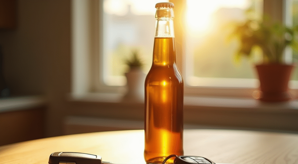 Clé de voiture et bière ouverte sur une table en bois en plein jour