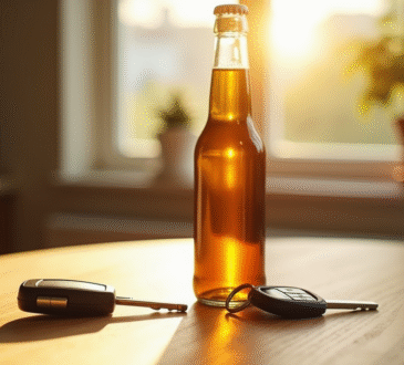 Clé de voiture et bière ouverte sur une table en bois en plein jour