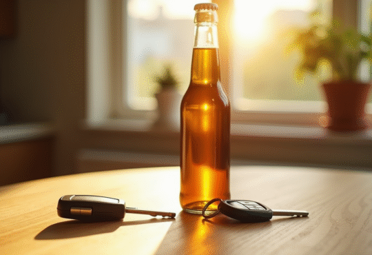Clé de voiture et bière ouverte sur une table en bois en plein jour