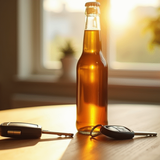 Clé de voiture et bière ouverte sur une table en bois en plein jour