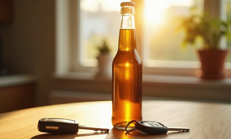 Clé de voiture et bière ouverte sur une table en bois en plein jour