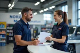 Client remettant des documents de carte grise à un conseiller Norauto au comptoir d'un centre auto