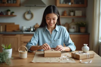 Jeune femme assemblant un coffret cadeau fait maison pour célébrer un permis de conduire, sur une table en bois avec du papier kraft et des rubans