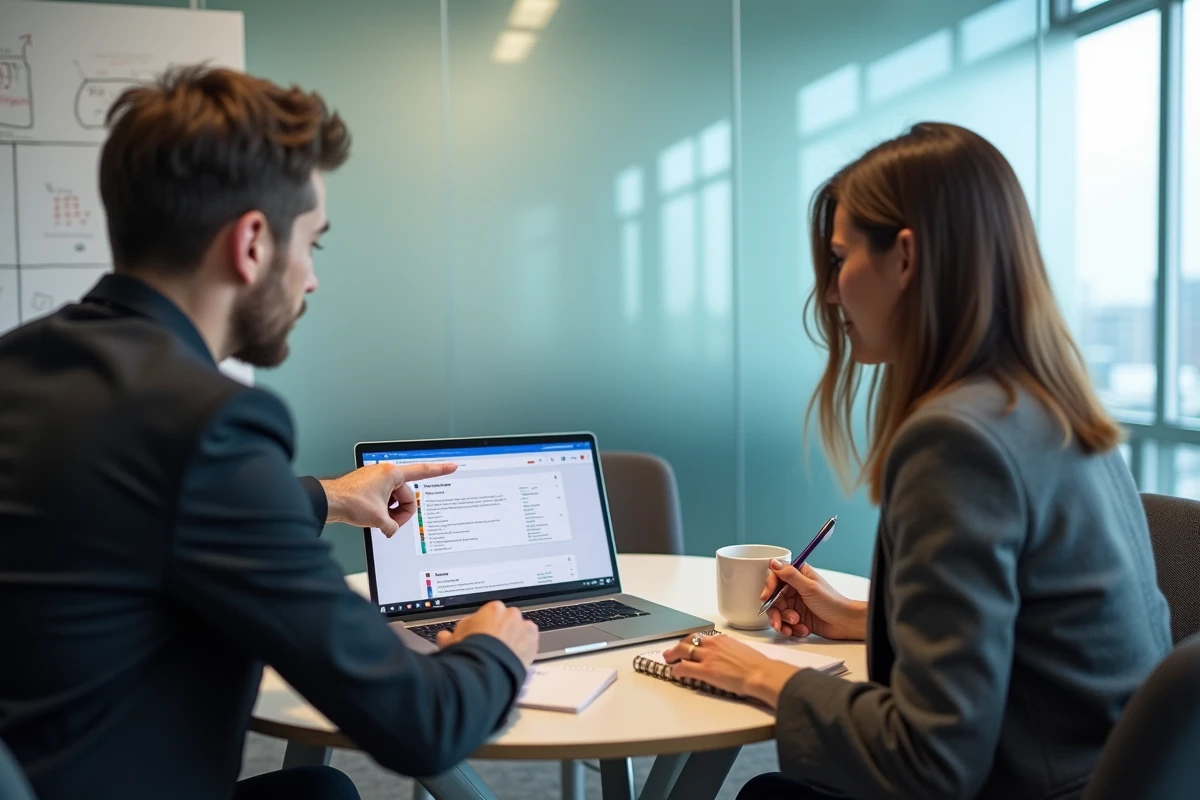 Deux collègues analysant ensemble des résultats de recherche dans la documentation technique Atelio Doc