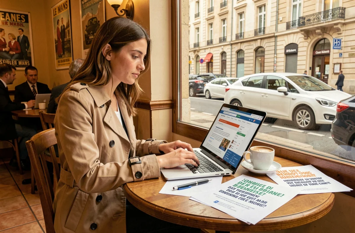 Jeune femme comparant des assurances auto en ligne dans un café typique du Mans