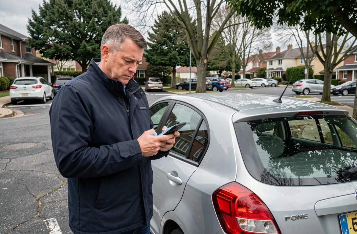 Homme comparant des offres d'assurance auto sur smartphone debout à côté de sa voiture dans la rue