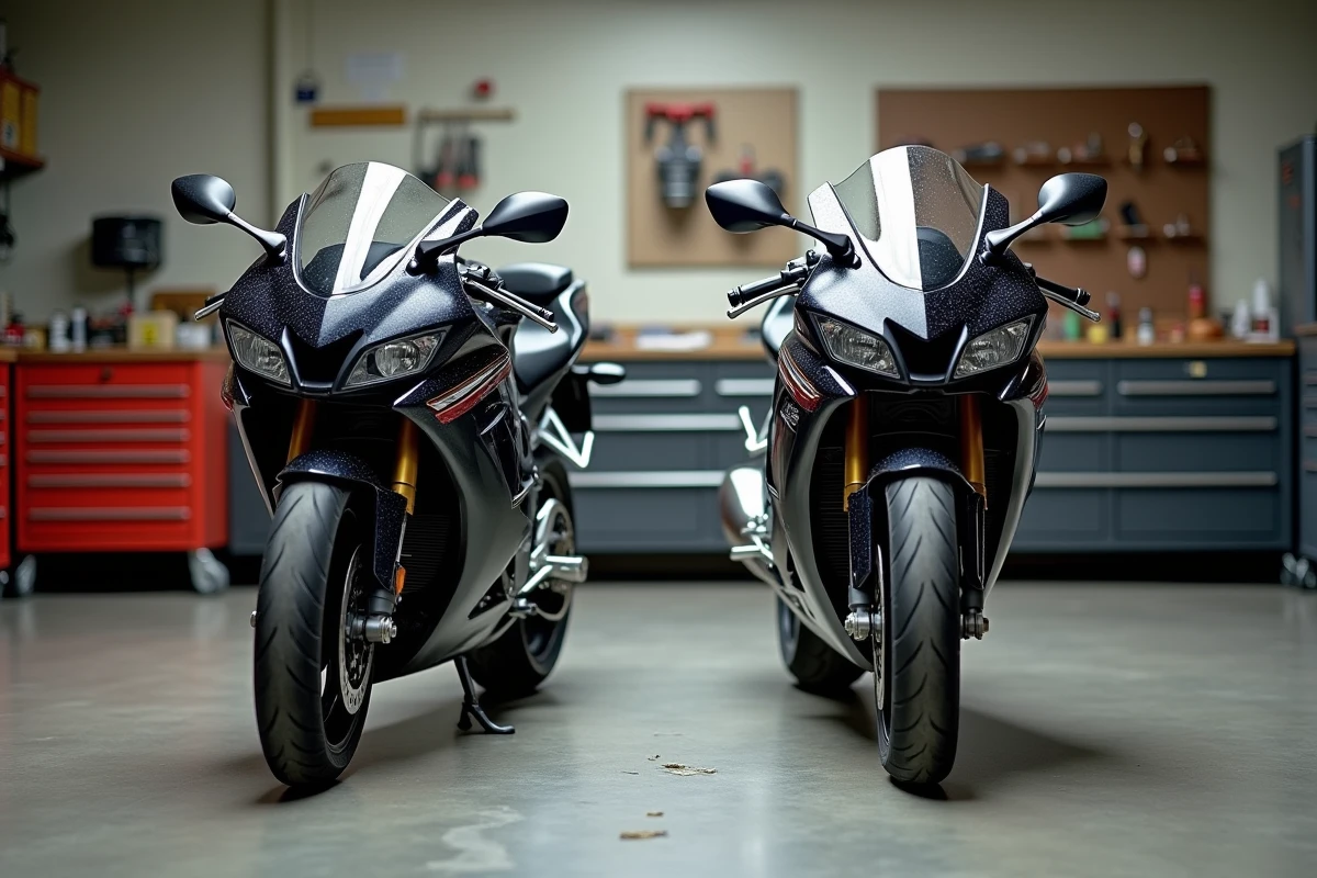 Deux Honda CBR 1000 F de générations différentes comparées côte à côte dans un garage moto atelier