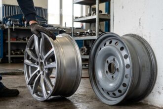 Comparaison côte à côte d'une jante alu et d'une jante tôle dans un atelier de mécanique automobile