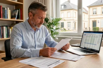 Homme comparant des offres d'assurance auto sur papier et ordinateur portable dans un bureau à domicile au Mans