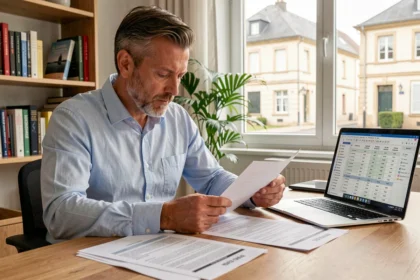 Homme comparant des offres d'assurance auto sur papier et ordinateur portable dans un bureau à domicile au Mans
