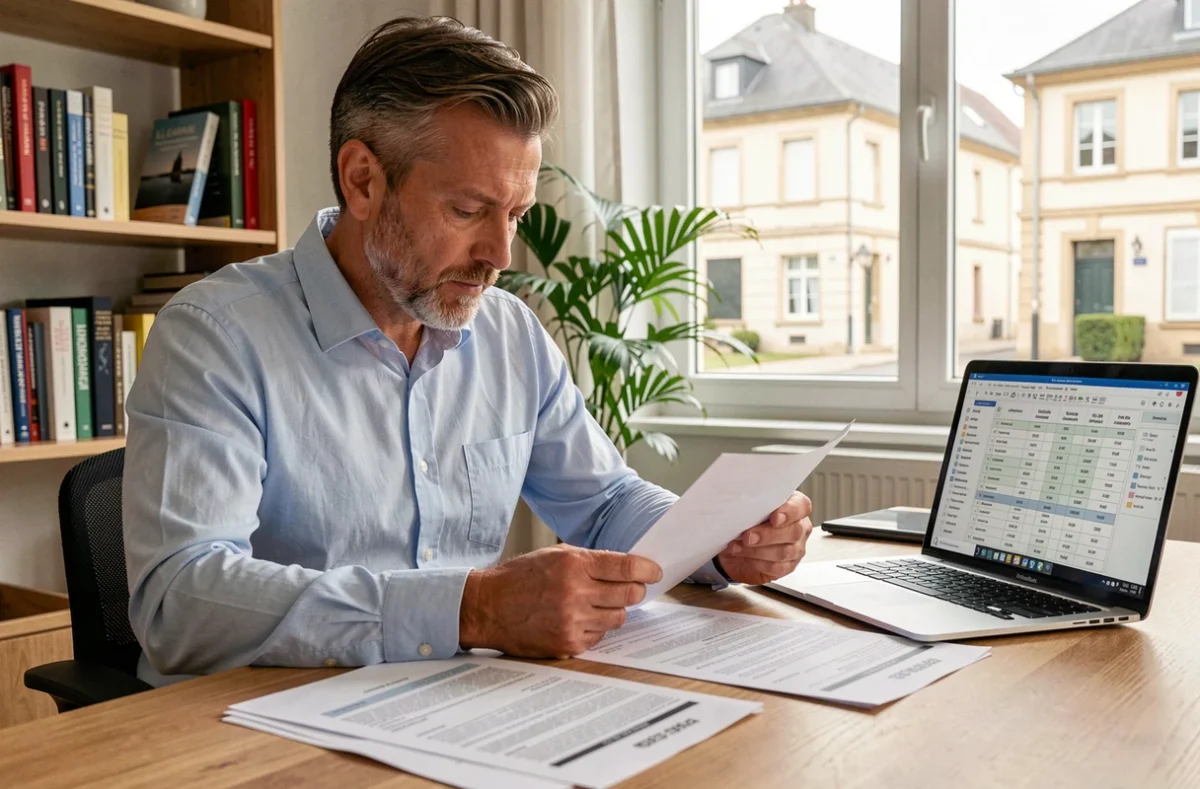 Homme comparant des offres d'assurance auto sur papier et ordinateur portable dans un bureau à domicile au Mans