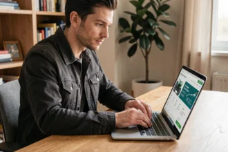 Homme comparant des offres d'assurance moto en ligne sur un ordinateur portable à son bureau