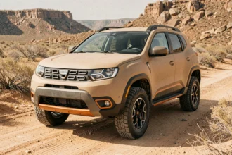 Concept de SUV Dacia au design robuste garé sur une piste désertique, illustrant le projet Dacia Sandman à prix accessible