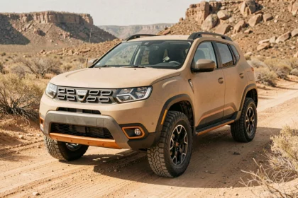 Concept de SUV Dacia au design robuste garé sur une piste désertique, illustrant le projet Dacia Sandman à prix accessible