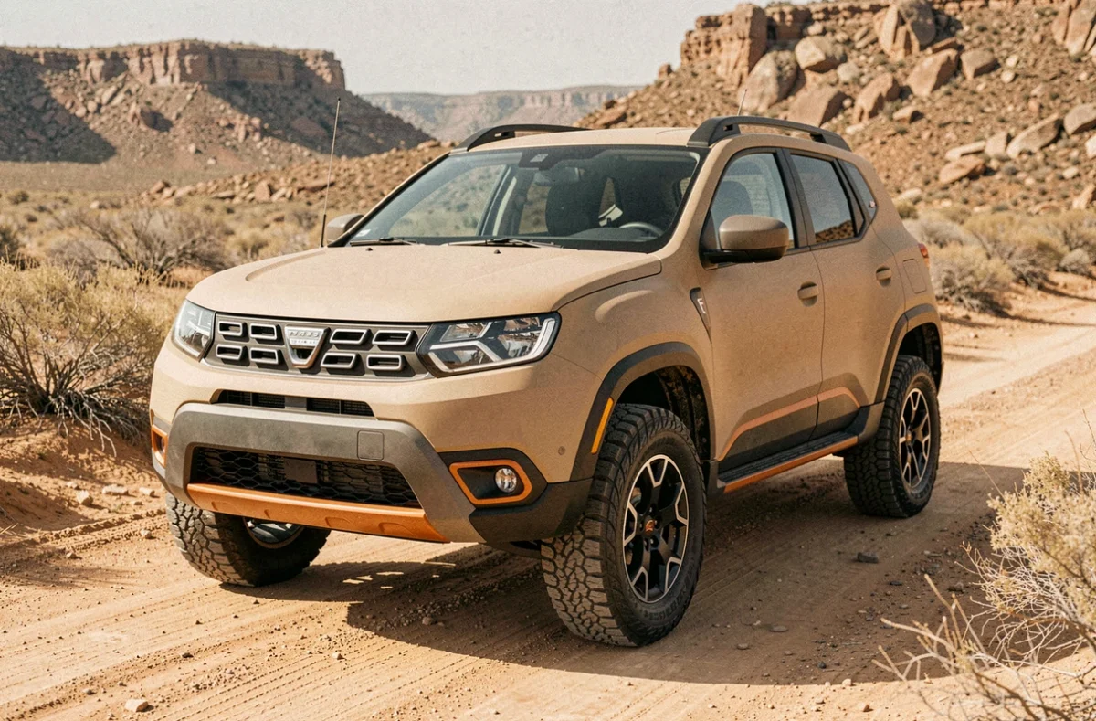 Concept de SUV Dacia au design robuste garé sur une piste désertique, illustrant le projet Dacia Sandman à prix accessible