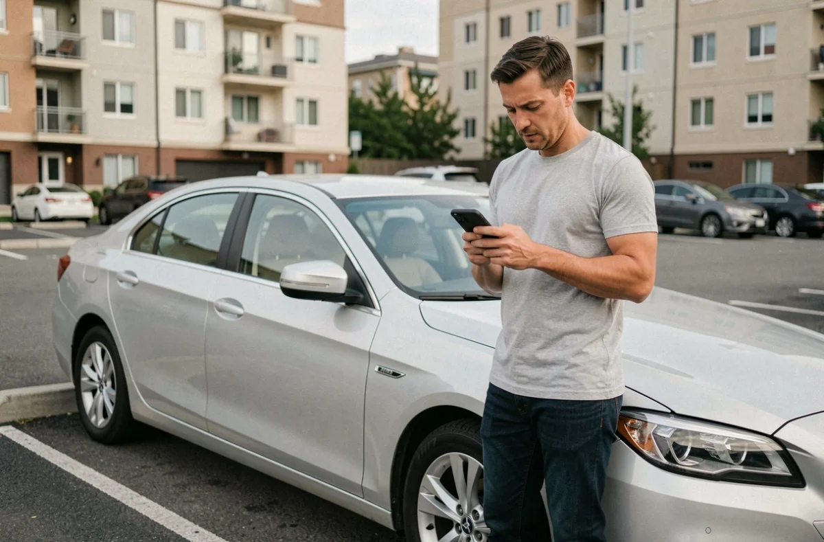 Conducteur vérifiant son bonus assurance auto sur smartphone à côté de sa voiture