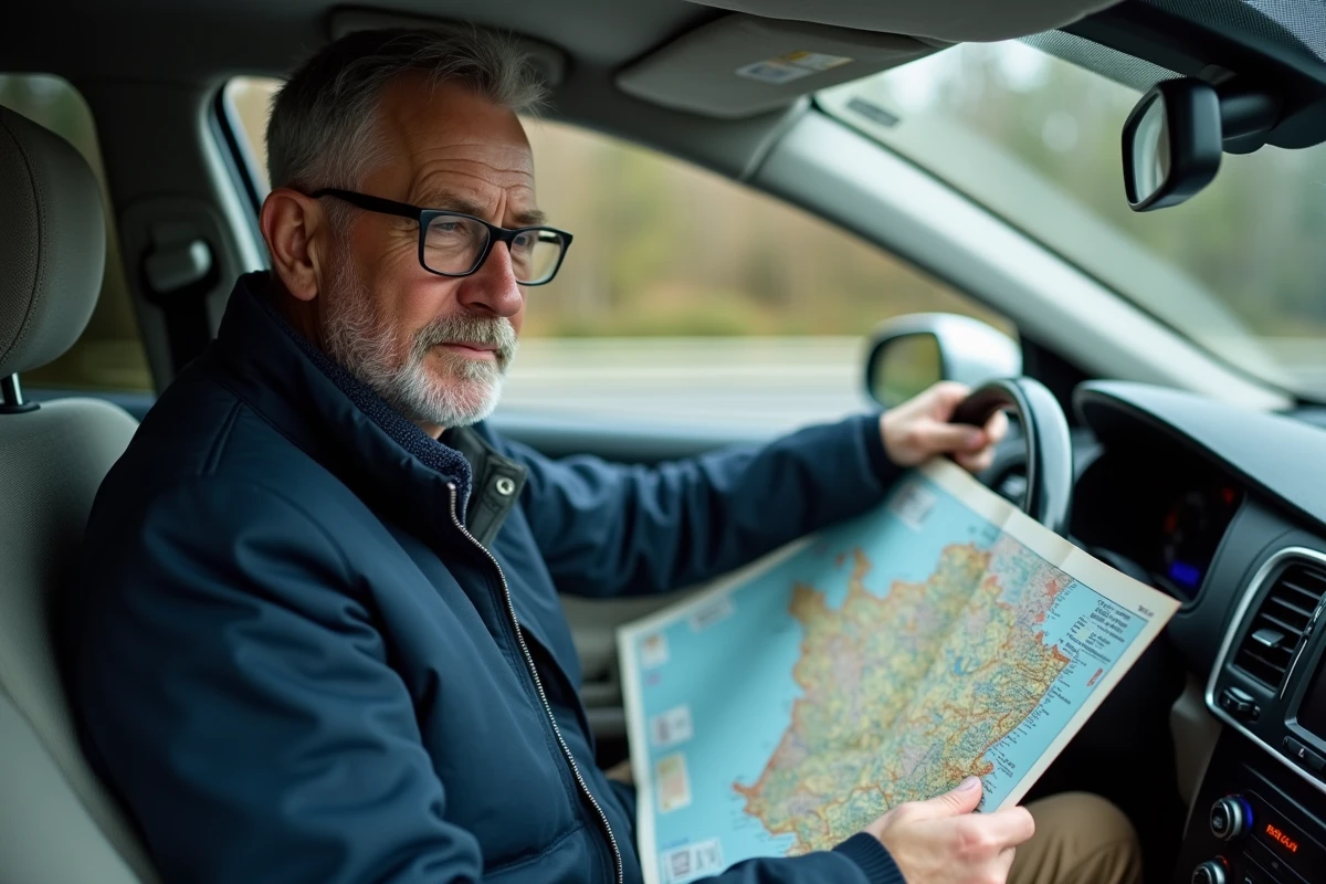 Conducteur consultant une carte papier des autoroutes de France dans son véhicule lors d'une pause en aire de repos