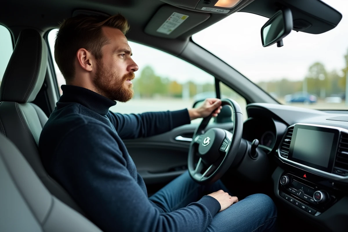 Homme de grande taille à l'étroit dans l'habitacle d'une petite voiture populaire française