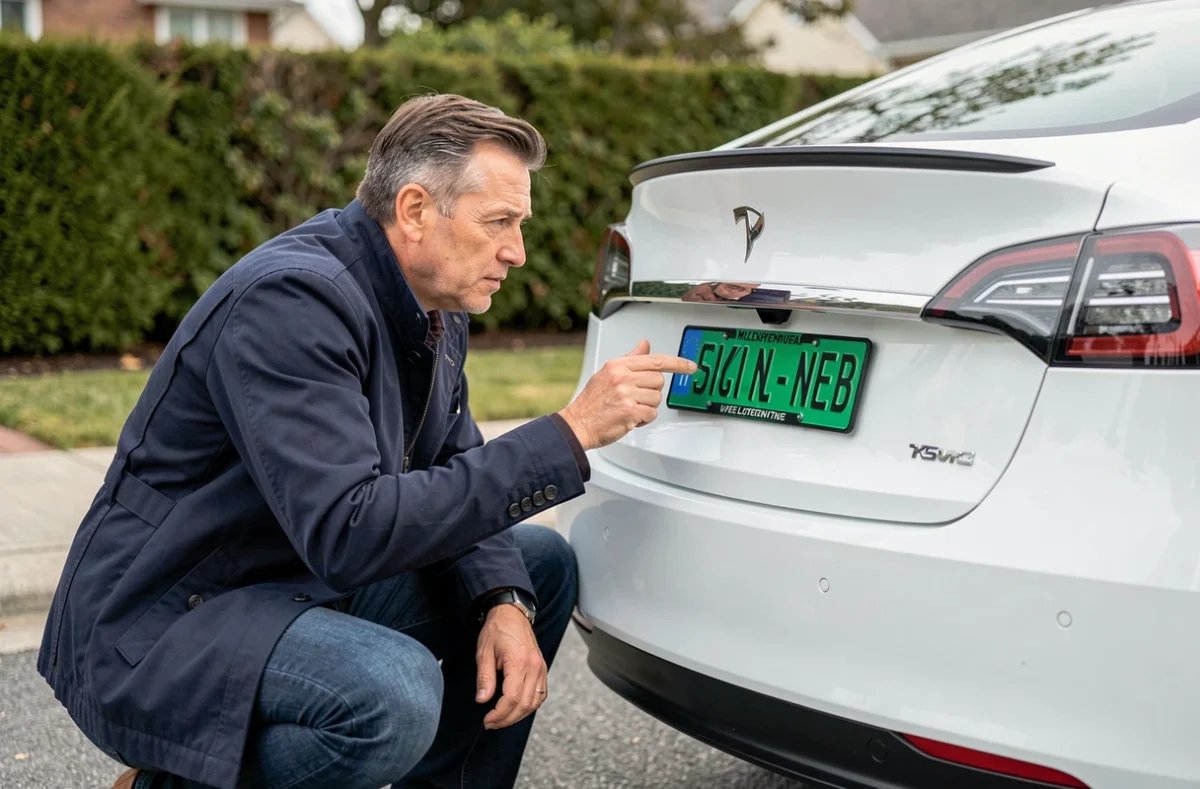 Conducteur examinant la plaque verte d'une voiture électrique dans une rue résidentielle