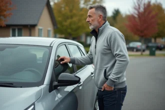 Conducteur masculin en veste grise appuyé sur sa voiture hybride compacte dans un parking résidentiel automnal, retour d'expérience utilisateur Hybrid 136 e-DCS6