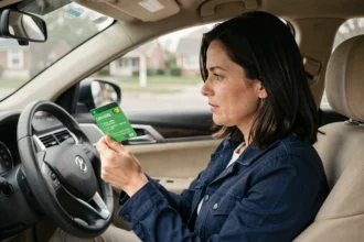 Conductrice tenant sa carte verte d'assurance automobile à bord de son véhicule