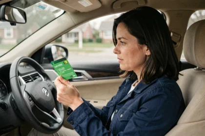 Conductrice tenant sa carte verte d'assurance automobile à bord de son véhicule