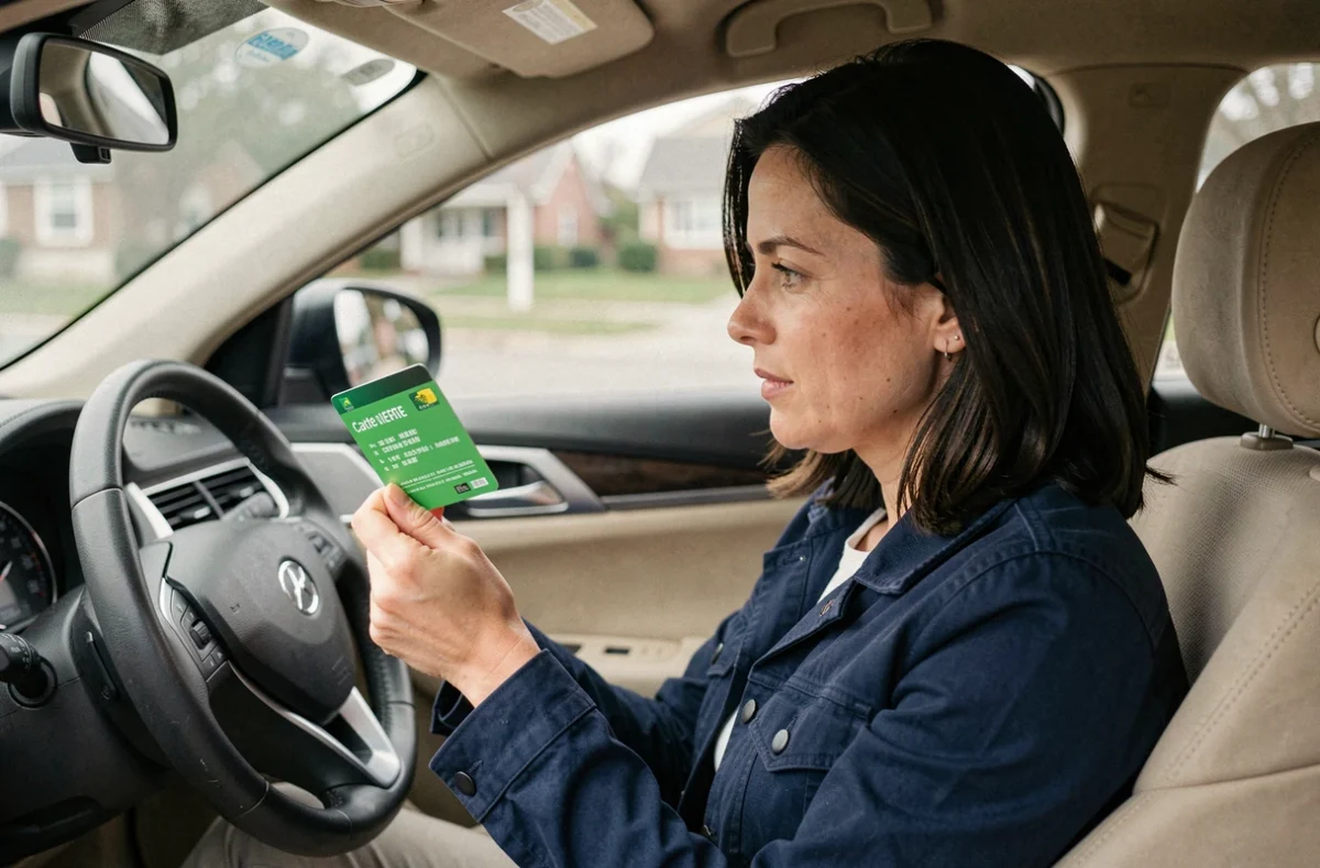 Conductrice tenant sa carte verte d'assurance automobile à bord de son véhicule