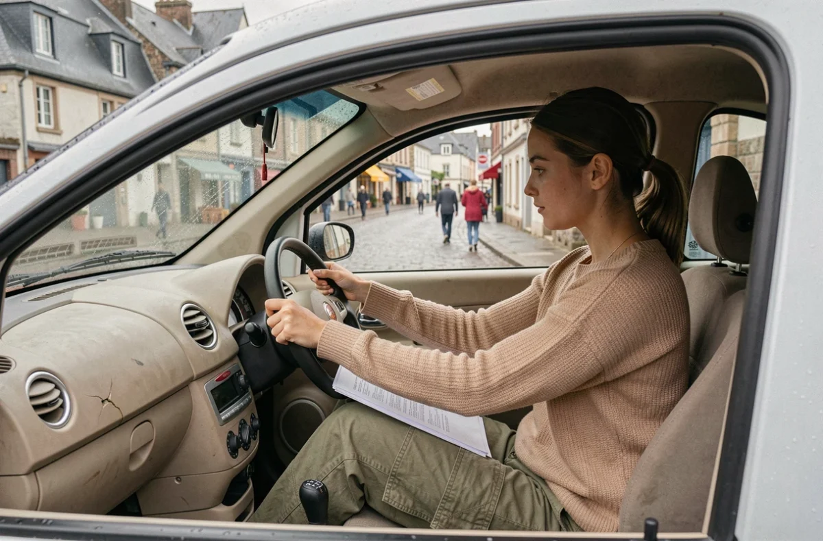 Jeune femme au volant d'une voiture sans permis d'occasion en Finistère consultant des documents