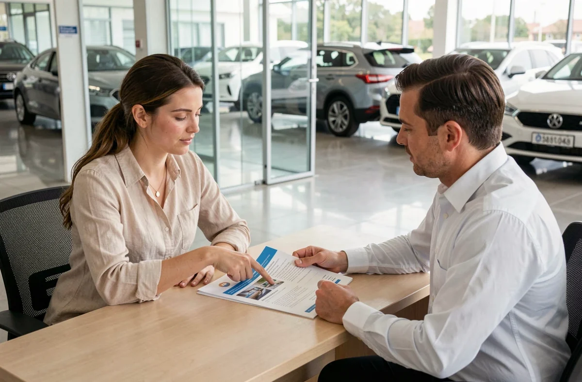 Femme discutant d'une offre d'assurance auto avec un conseiller dans une concession automobile