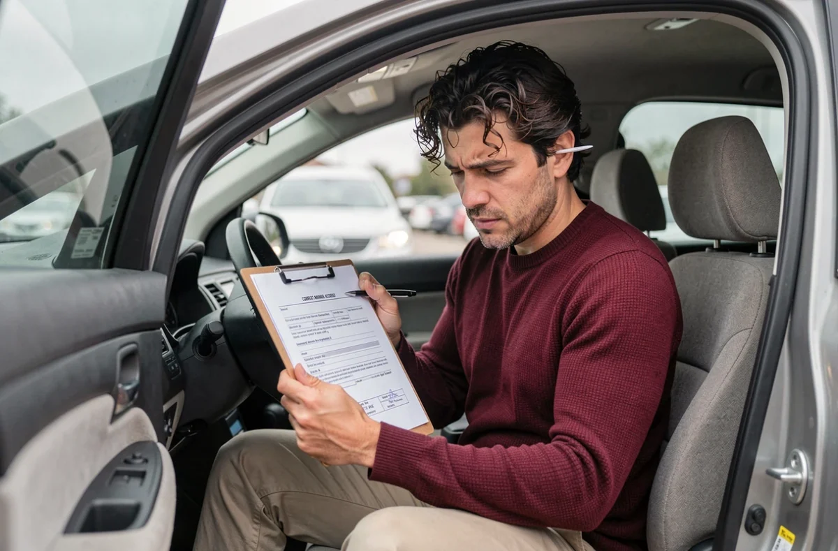 Conducteur remplissant un constat amiable dans sa voiture après un accrochage