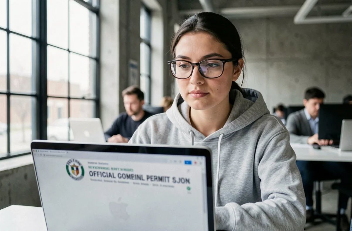 Femme consultant les résultats de permis de conduire en ligne sur un ordinateur portable
