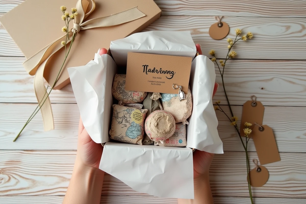 Coffret cadeau ouvert pour un permis de conduire fait maison avec porte-clés, carte de félicitations et petits cadeaux personnalisés en vue de dessus