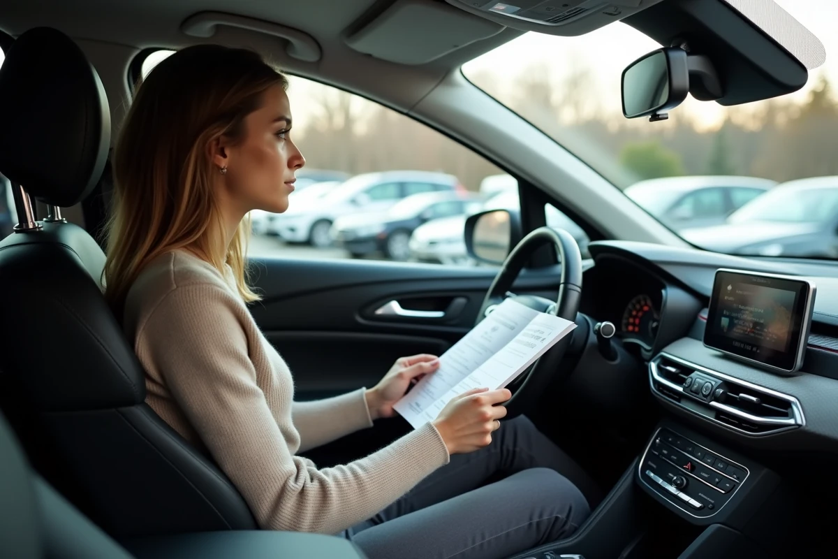 Jeune femme vérifiant le tableau de bord dans l