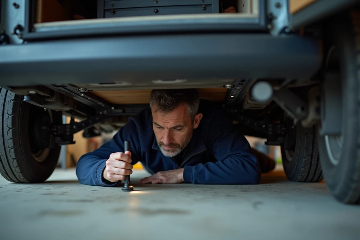Homme inspectant le dessous et l'isolation d'un fourgon aménagé d'occasion dans un garage, vérification technique approfondie