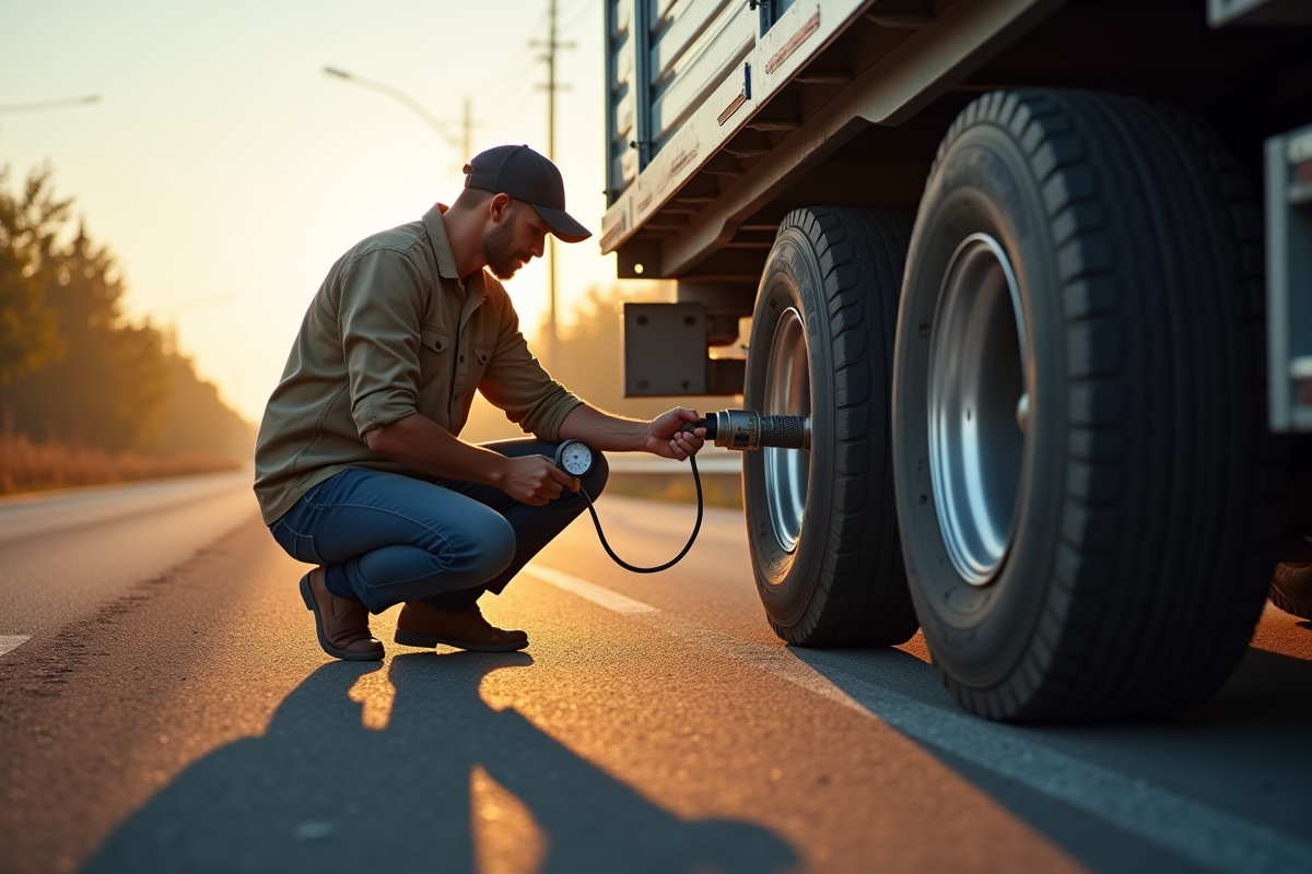 Personne vérifiant la pression d'un pneu de voiture au bord de la route
