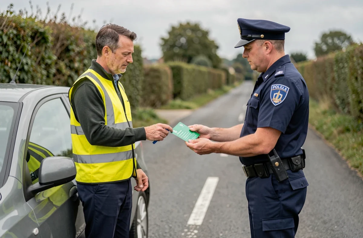 Conducteur présentant sa carte verte d'assurance à un policier lors d'un contrôle routier