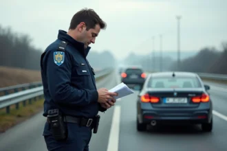 Policier français contrôlant les documents d'un véhicule immatriculé en Ukraine lors d'un contrôle routier