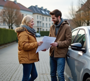 Femme et jeune homme discutant à côté d'une voiture en suburbain