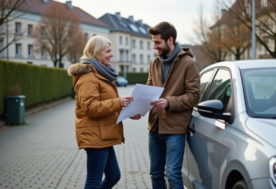 Femme et jeune homme discutant à côté d'une voiture en suburbain