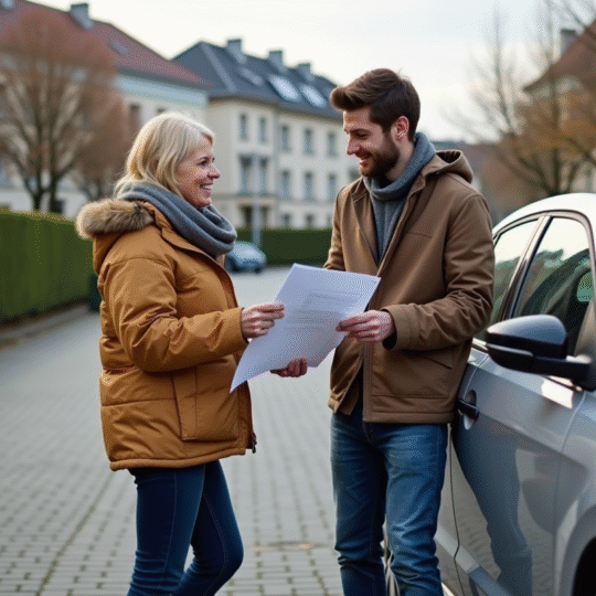 Femme et jeune homme discutant à côté d'une voiture en suburbain