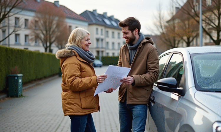 Femme et jeune homme discutant à côté d'une voiture en suburbain