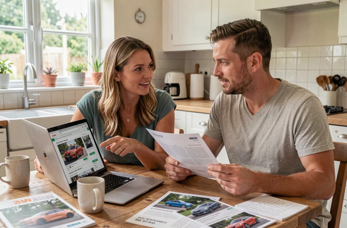 Un couple analysant les avis sur la Peugeot 2026 avant un achat, attablés avec un ordinateur et des brochures