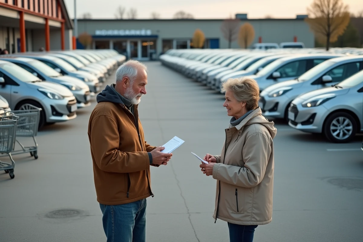 Couple face à des rangées de voitures compactes identiques dans un parking de supermarché français