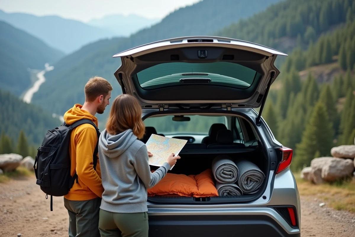 Couple planifiant un road trip devant le coffre ouvert et organisé d'une Toyota C-HR en montagne