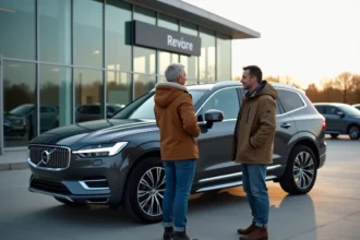 Couple admire un SUV moderne dans un concessionnaire