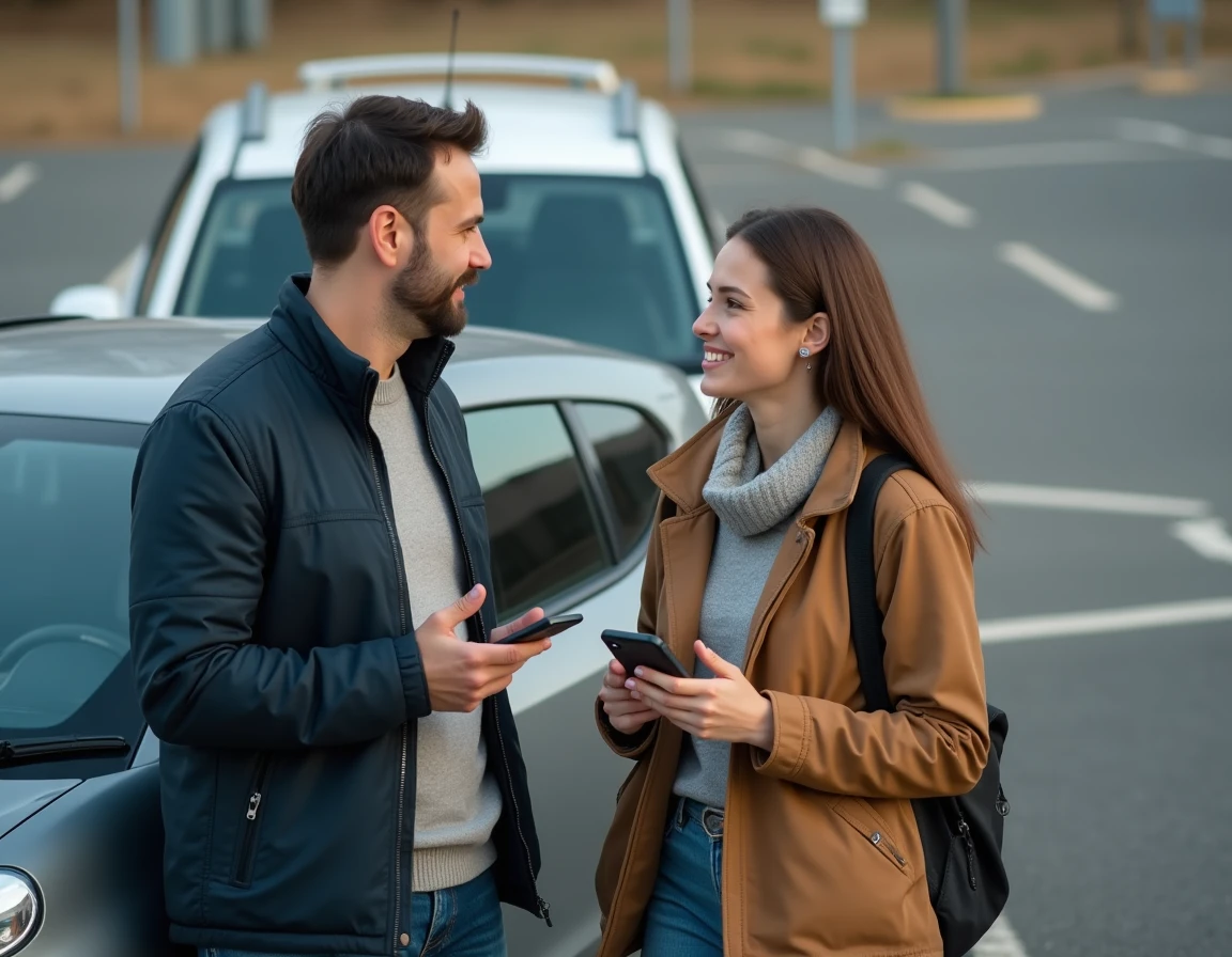Deux covoitureurs échangeant à côté d'une voiture dans une aire de covoiturage en France