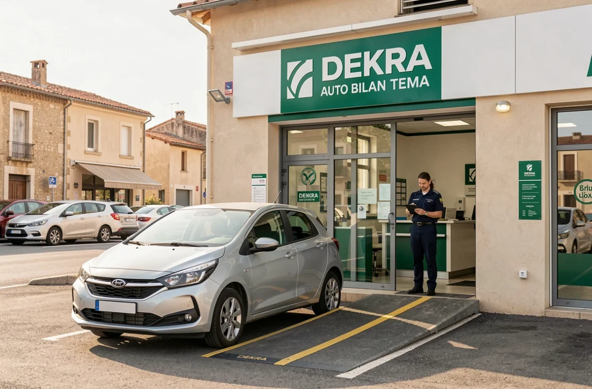Extérieur du centre Dekra Auto Bilan Tema avec un technicien et une voiture sur la rampe d'entrée dans une zone commerciale