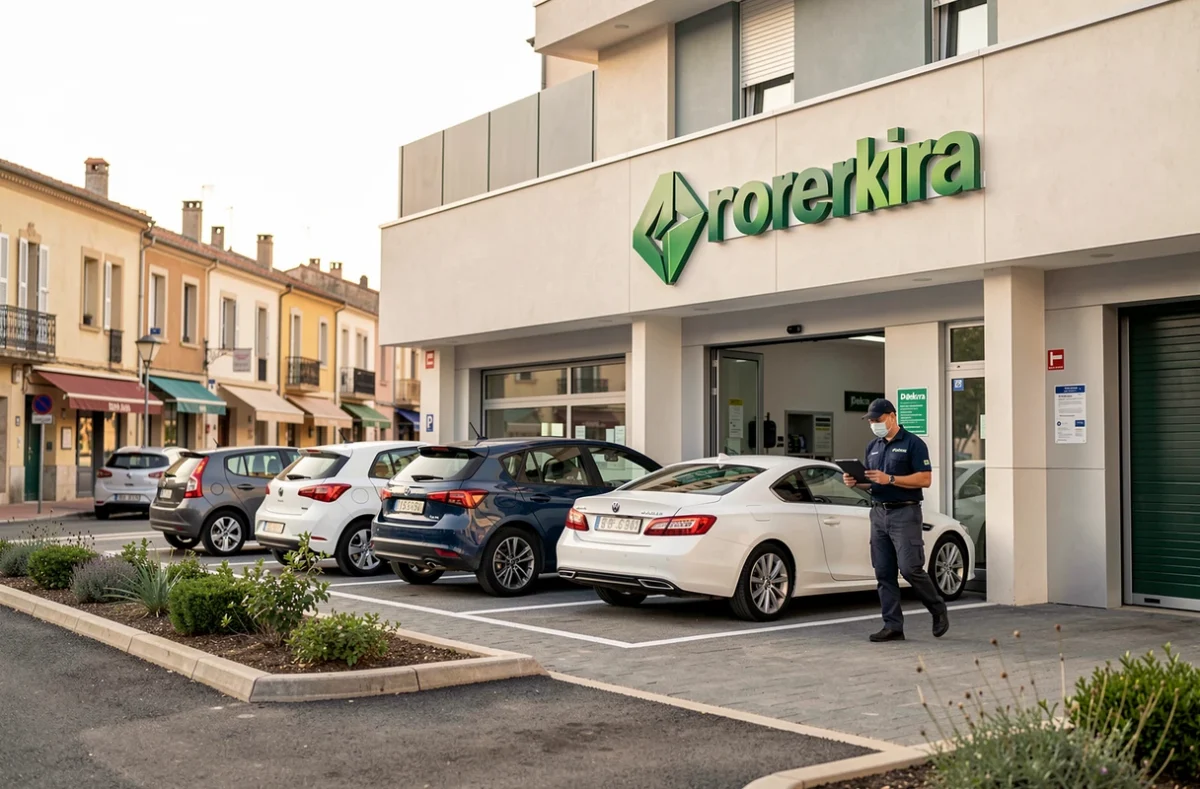 Façade moderne du centre Dekra Norisko avec un technicien en uniforme et deux voitures en attente devant l'entrée
