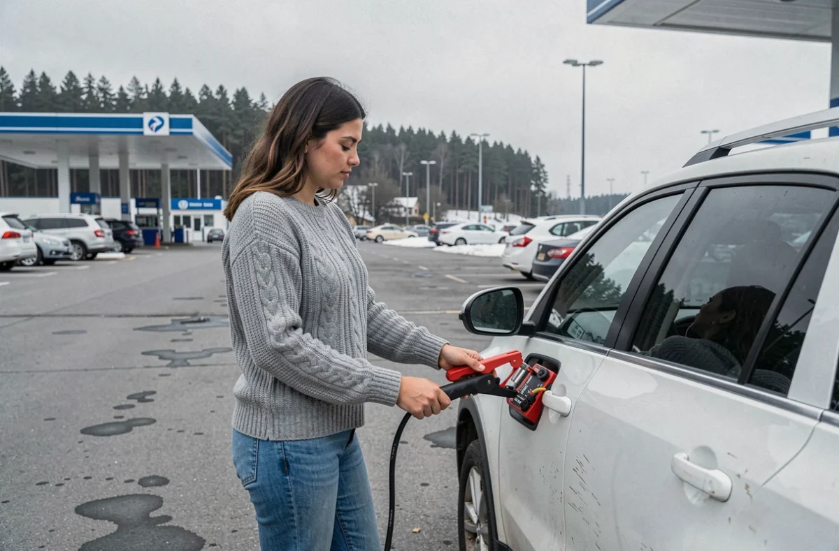 Femme utilisant un démarreur de secours pour batterie de voiture sur une aire d'autoroute